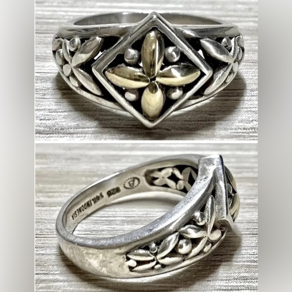 Designer Signed Bali Indonesia Sterling Silver & 14K Gold Floral Ring, Size 8